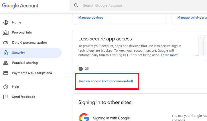 gmail'de üçüncü taraf erişimini etkinleştir