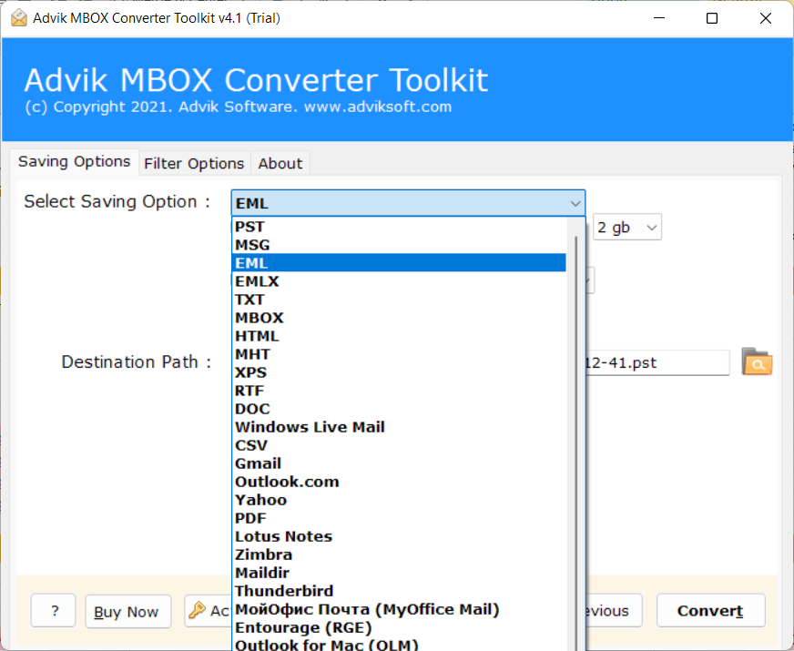 select EML as a saving option