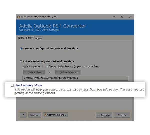 Ui of advik software showing recovery mode feature