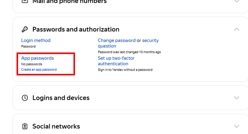 create app password in yandex mail