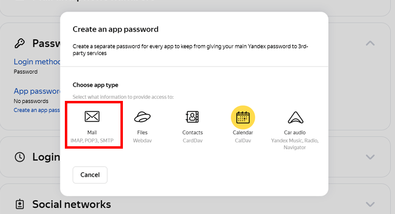 create app password yandex