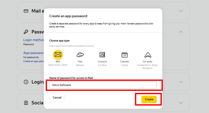 how to create app password in yandex