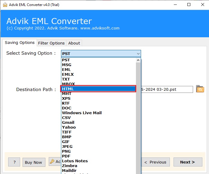 select html as a saving option