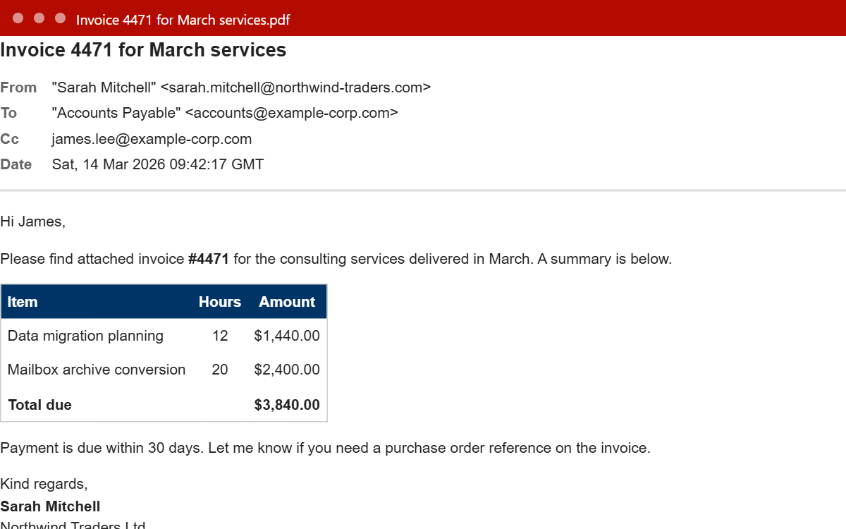 A converted email: header block on top, the message with its formatting, and the attachments listed below.