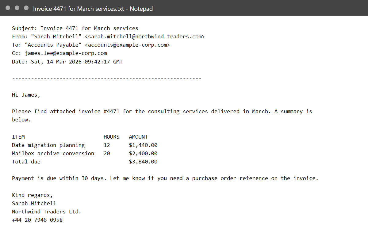 A converted email as plain text: header lines on top, the message, and the attachments listed below.
